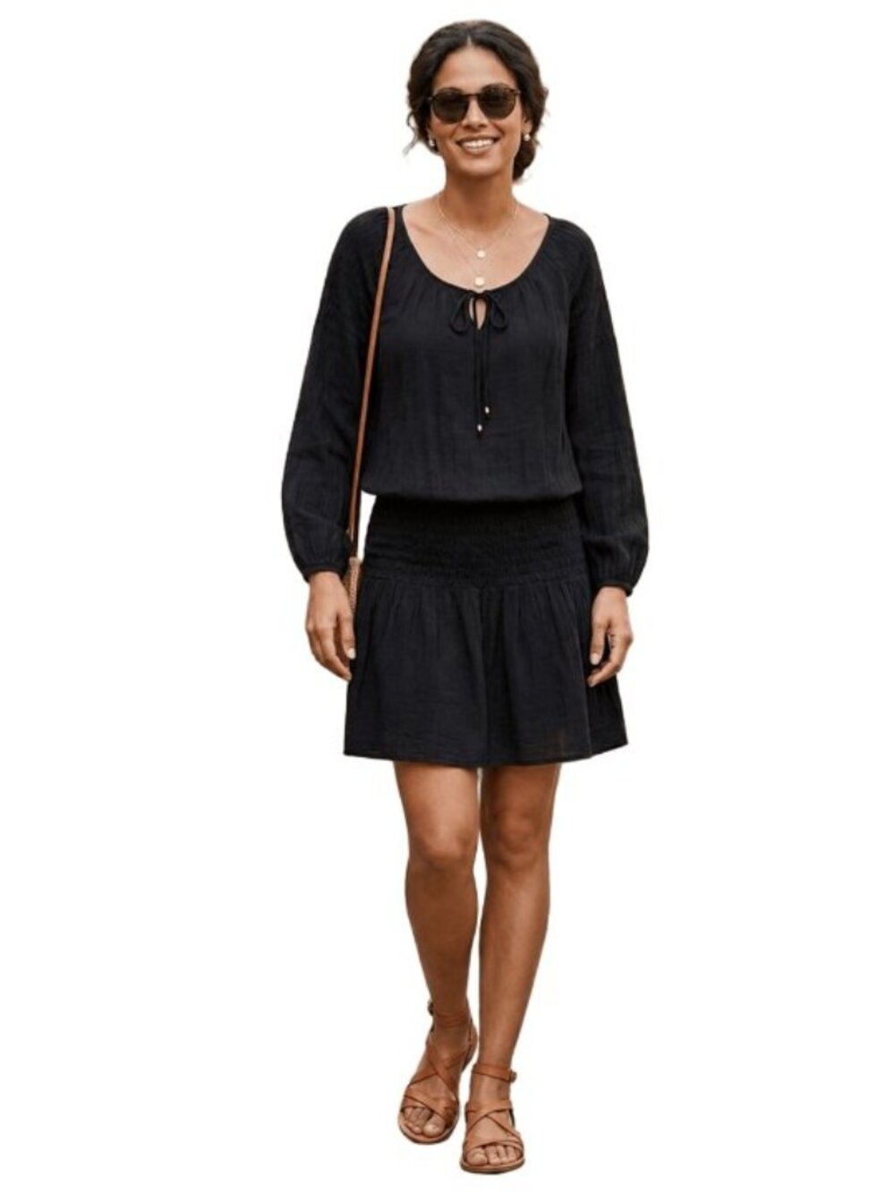 Free People Moonlight Drive Smocked Mini Dress Gauze Boho Long Sleeves Black XS